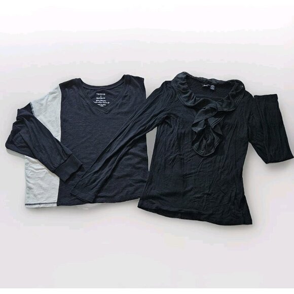 Top Womens L Lot of 2 Nick & Mo Torrid Black Ivory LS Stretch Knit Ruffles Goth - Picture 1 of 16